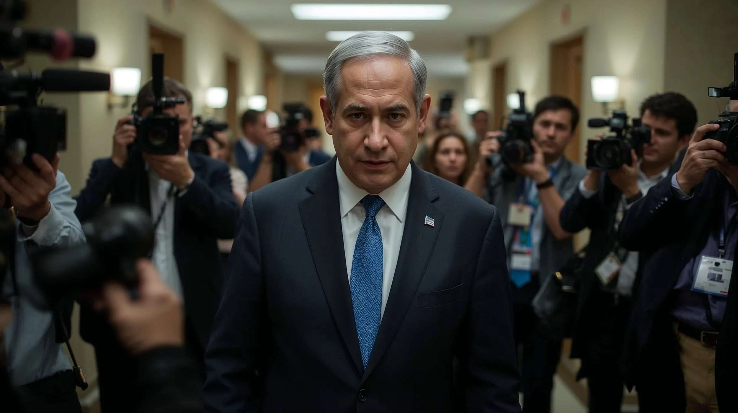 Benjamin Netanyahu walking through a government building symbolizing media attention and net worth discussions