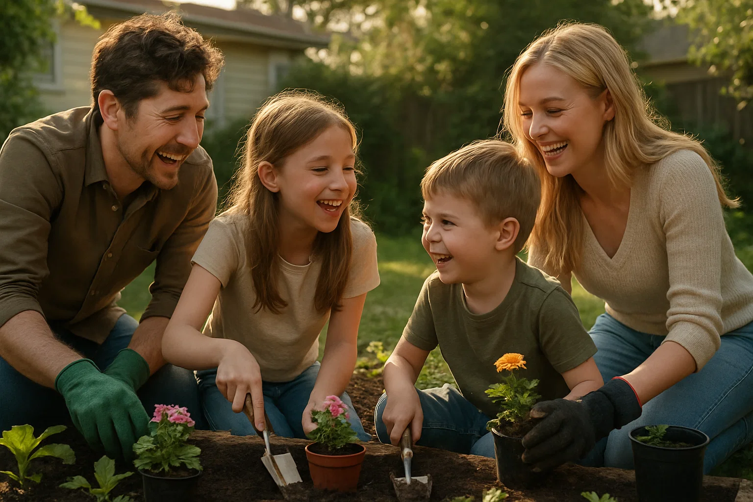 Jacob Frey, Sarah Clarke, and their children gardening together in their backyard, enjoying quality family time.