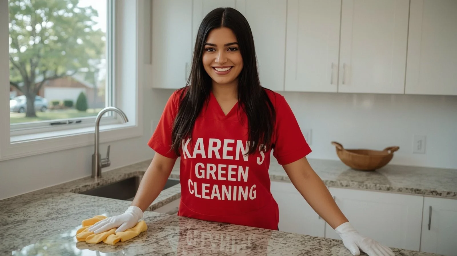 Professional cleaner in red Karen’s Green Cleaning uniform wiping kitchen counters in a Tangletown St. Paul home