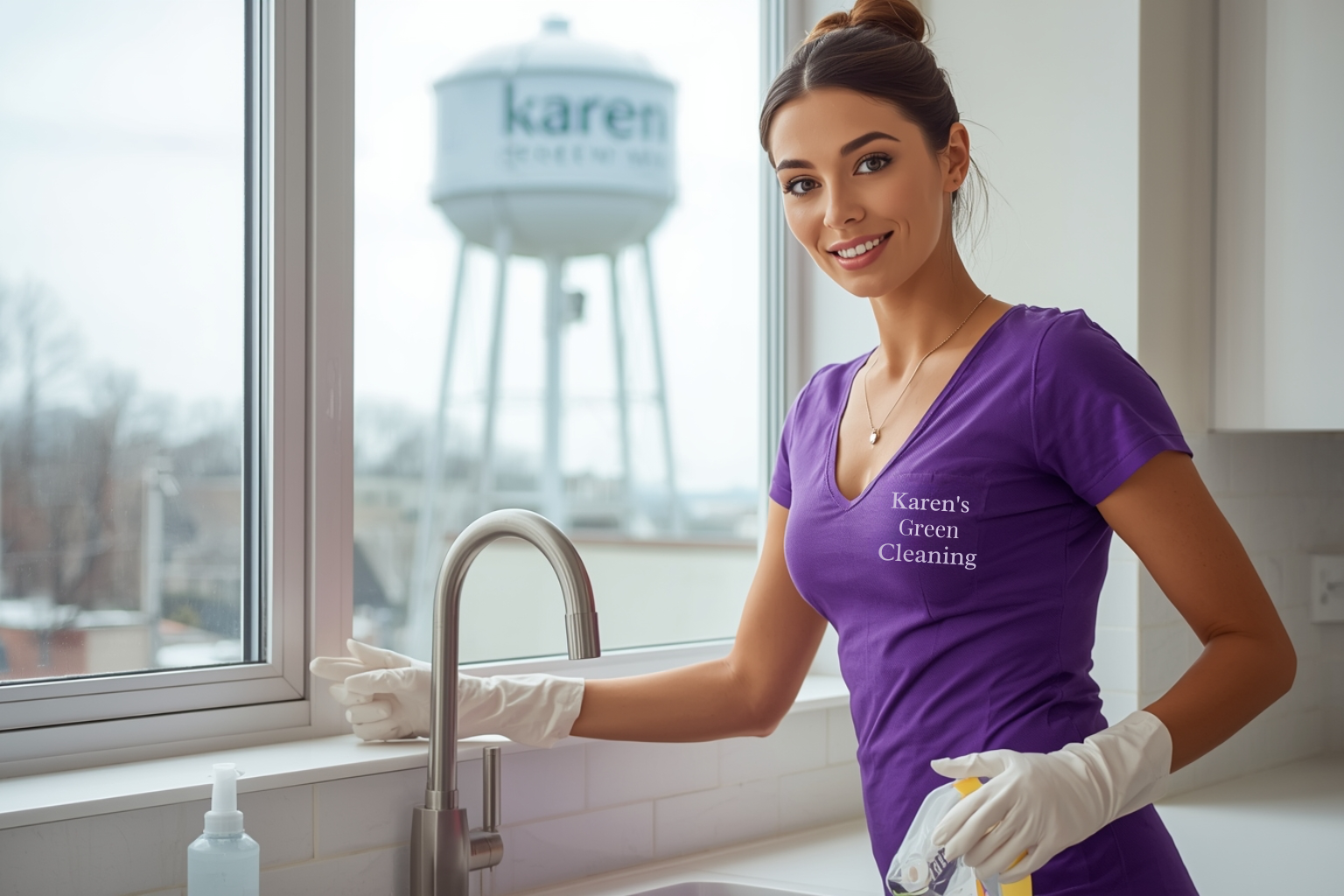Female cleaner in a purple Karen’s Green Cleaning uniform wiping surfaces with the New Brighton water tower visible in the background