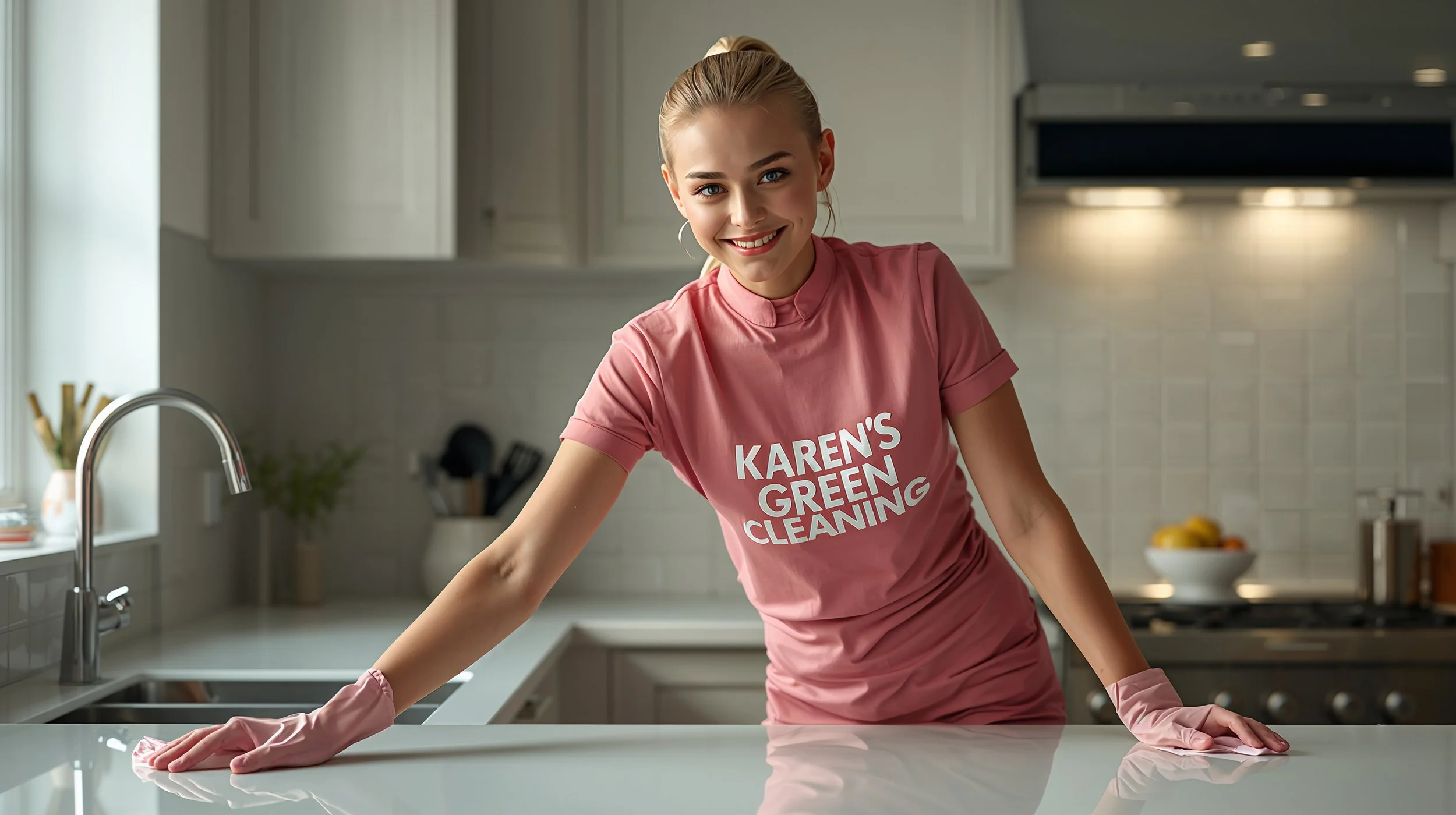 Joyful young Swedish woman in pink uniform cleaning kitchen counter in Western Hazel Park St. Paul home.