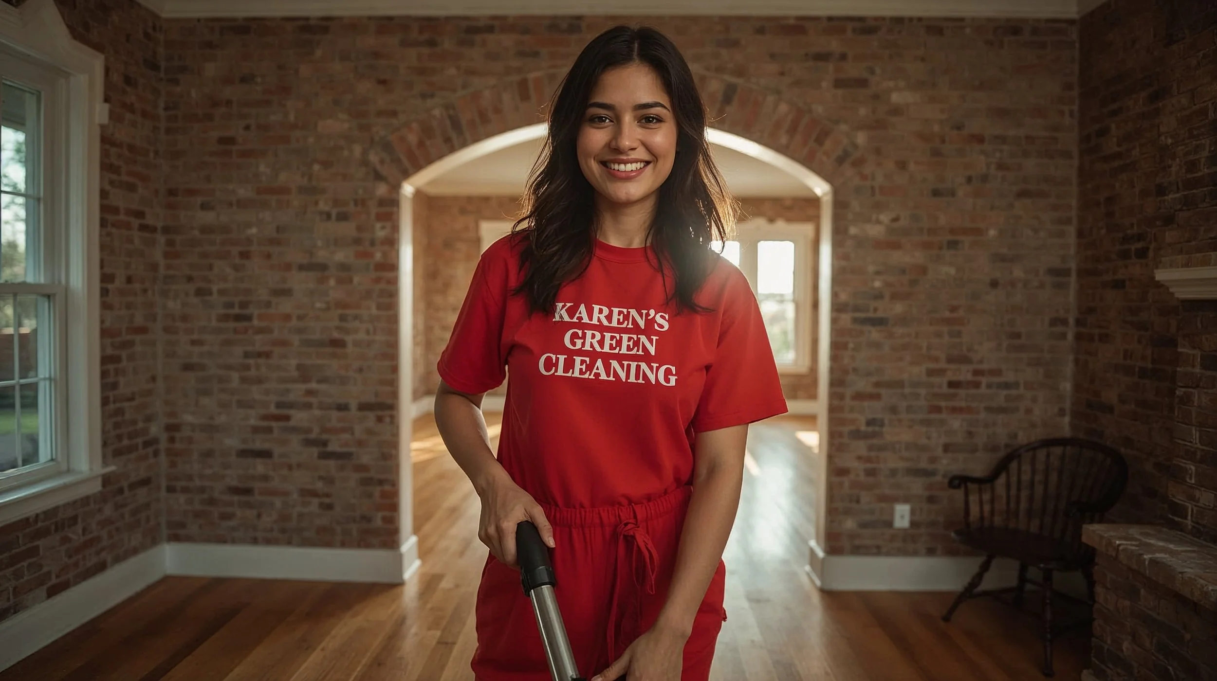 Young joyful cleaner in red uniform with Karen’s Green Cleaning logo cleaning a Tangletown Tudor home living room in St. Paul