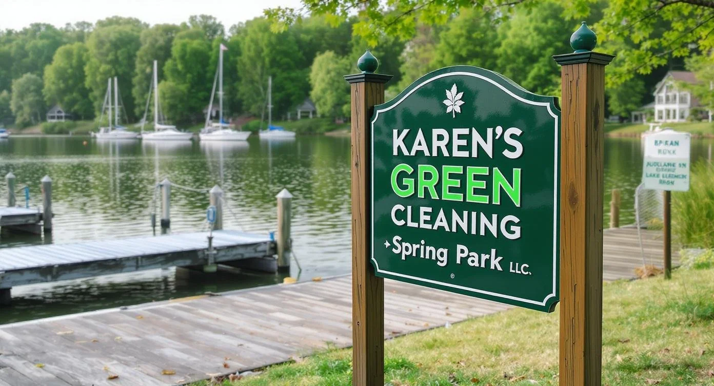 Karen’s Green Cleaning sign displayed with Spring Park dock and lake behind it.