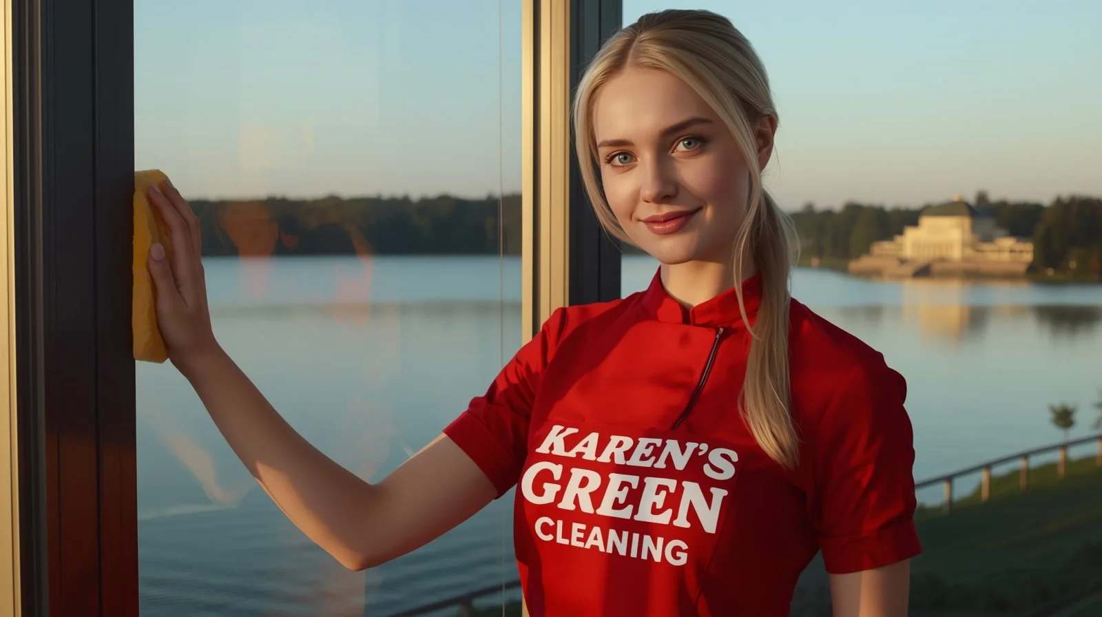 Joyful Ukrainian cleaner from Karen’s Green Cleaning polishing a window overlooking the Lake Harriet Bandshell