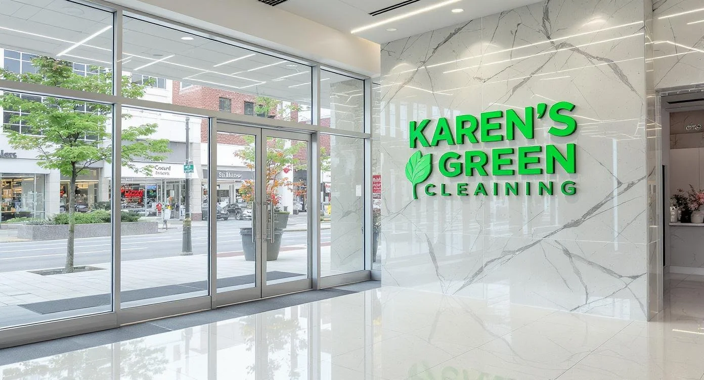 Clean commercial lobby with Karen’s Green Cleaning sign and Concord Street South outside.