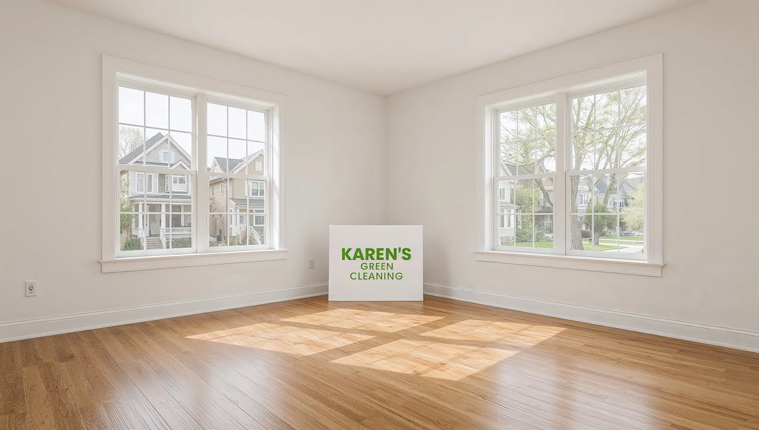 Karen’s Green Cleaning logo and supplies displayed in a freshly cleaned Como St. Paul home living room.