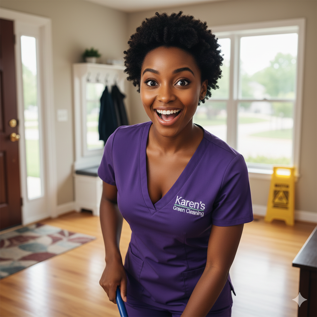 Cleaner with curly hair in Karen’s Green Cleaning uniform mopping inside a Robbinsdale MN home