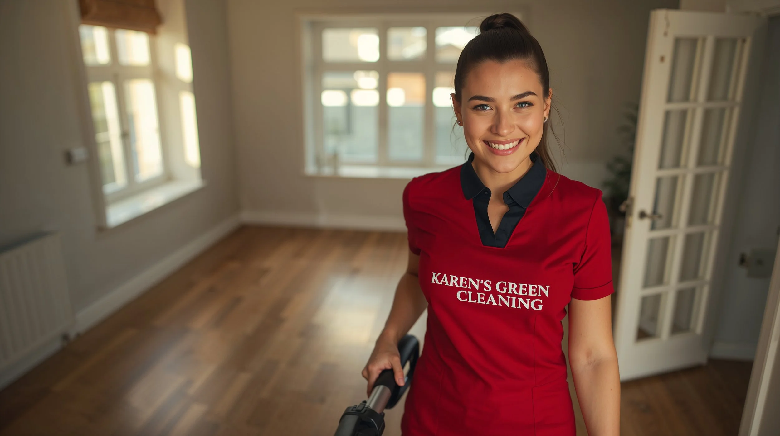 Smiling young Irish cleaner in branded red uniform vacuuming immaculate living room for Karen’s Green Cleaning in Fort Road St. Paul