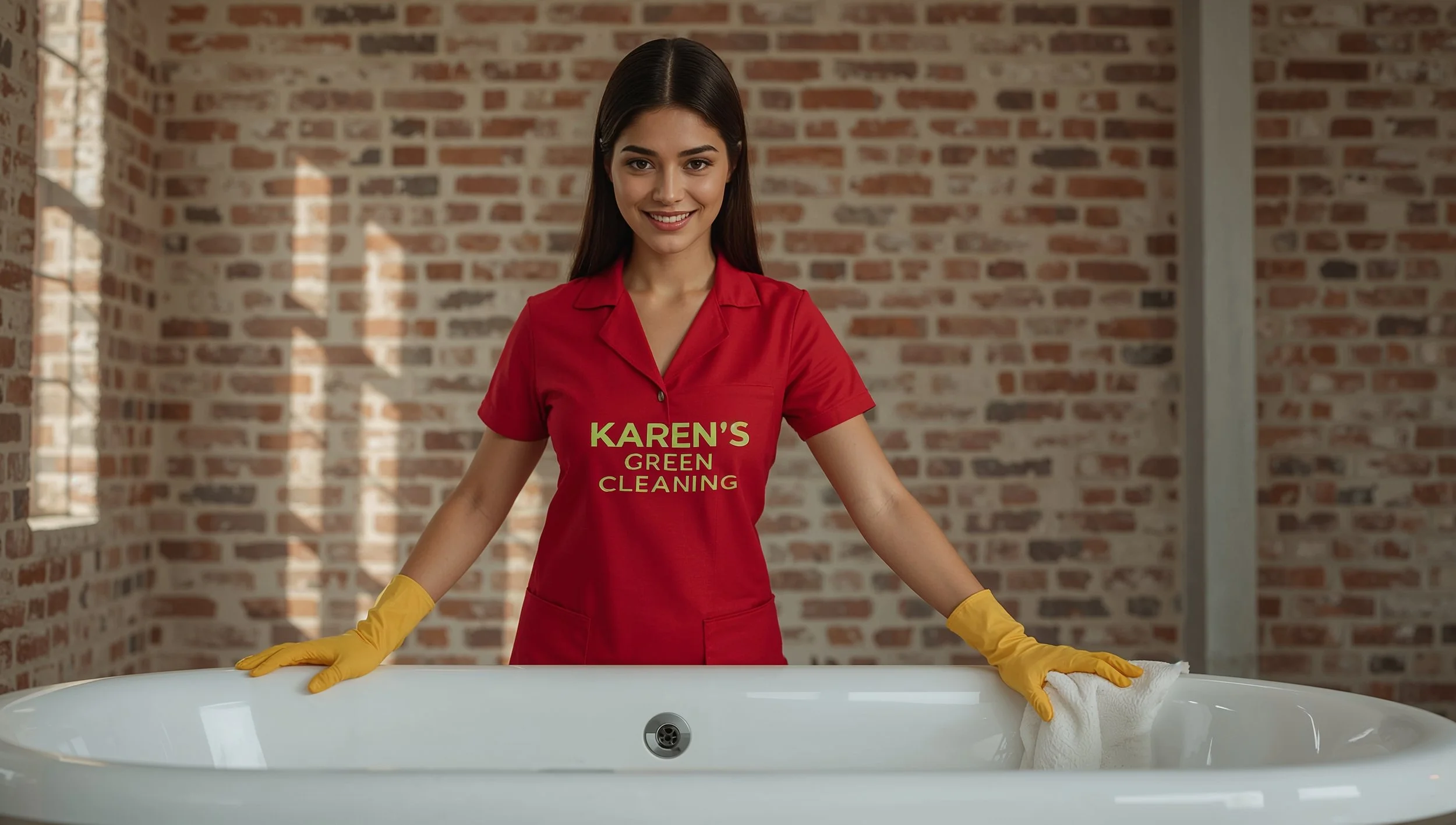 Brazilian cleaner in red Karen’s Green Cleaning uniform scrubbing a spotless brick loft bathroom inspired by Railroad Island St. Paul