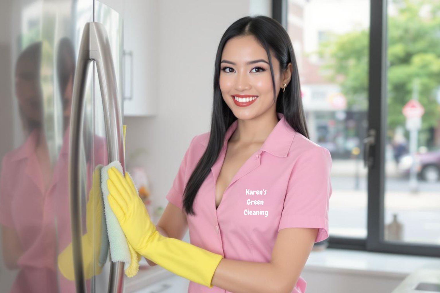 Young woman with medium-dark skin tone cleaning a kitchen in Shakopee wearing pink Karen’s Green Cleaning uniform.