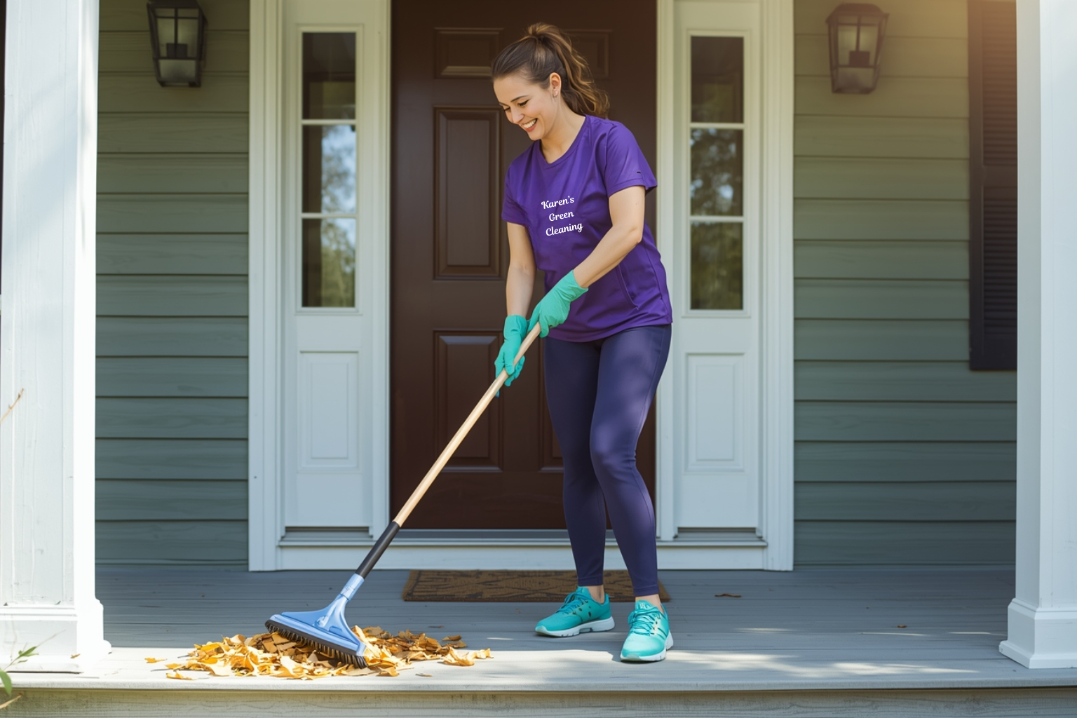 Karen’s Green Cleaning professional sweeping a front porch with a smile.