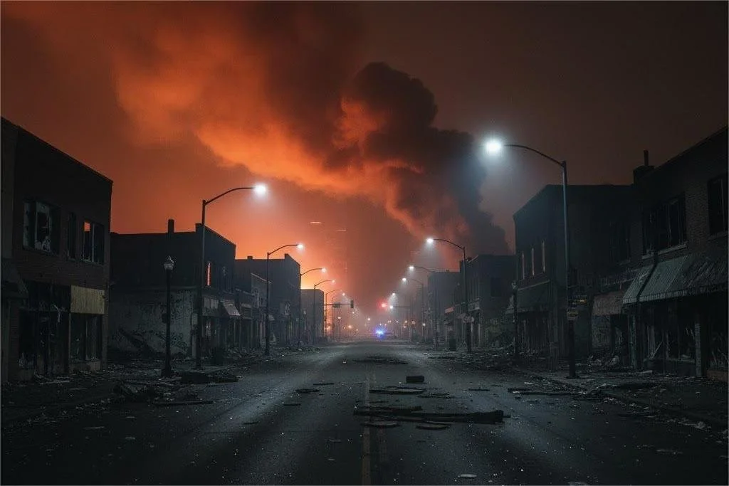 “Nighttime Minneapolis streets with smoke and debris during riots.”