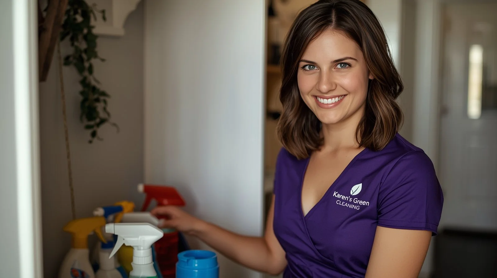 Cleaner organizing supplies in Ramsey Minnesota mudroom wearing purple Karen’s Green Cleaning uniform