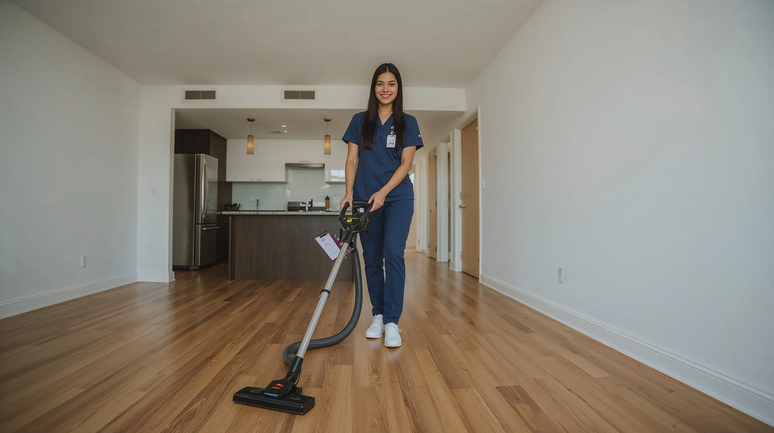 Guatemalan cleaner vacuuming apartment floors following a cleaning checklist.