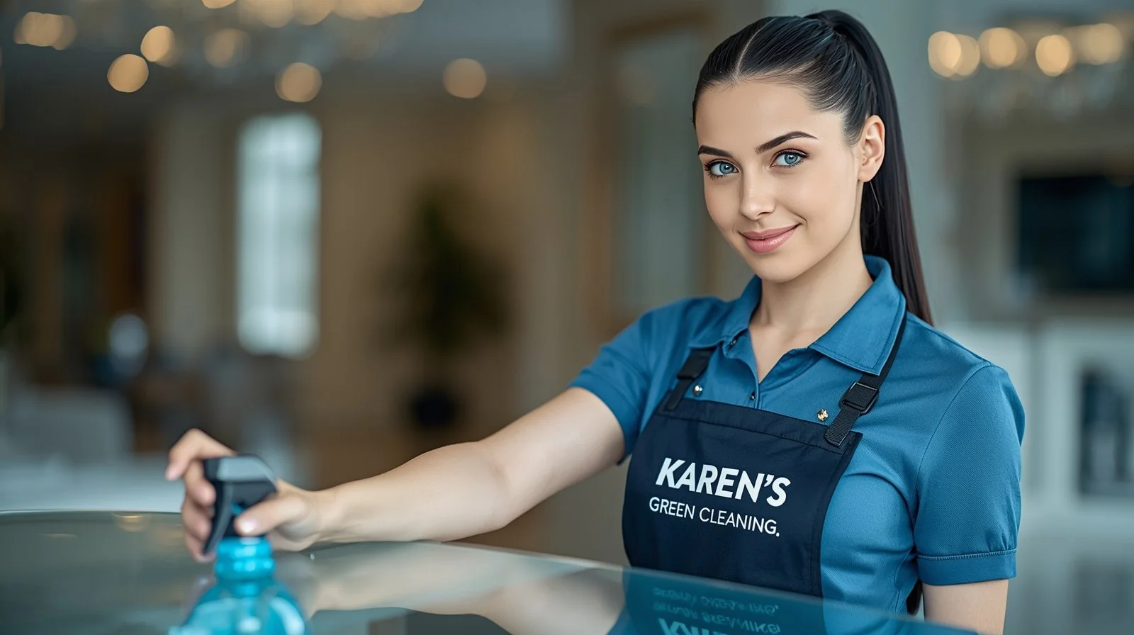 Cleaner in blue Karen’s Green Cleaning uniform spraying a glass table inside a Marshall Terrace Minneapolis home.