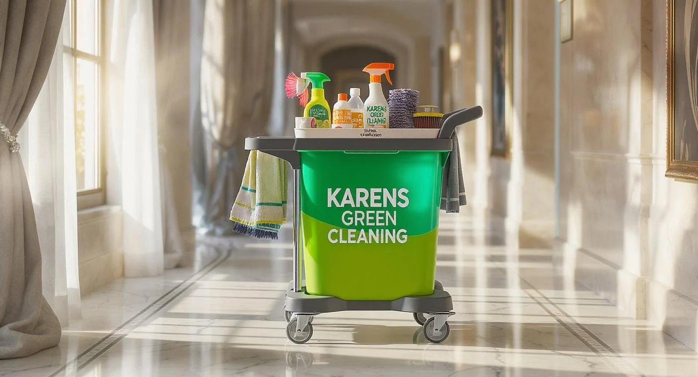 Professional cleaning cart with supplies labeled Karen’s Green Cleaning in a penthouse hallway.