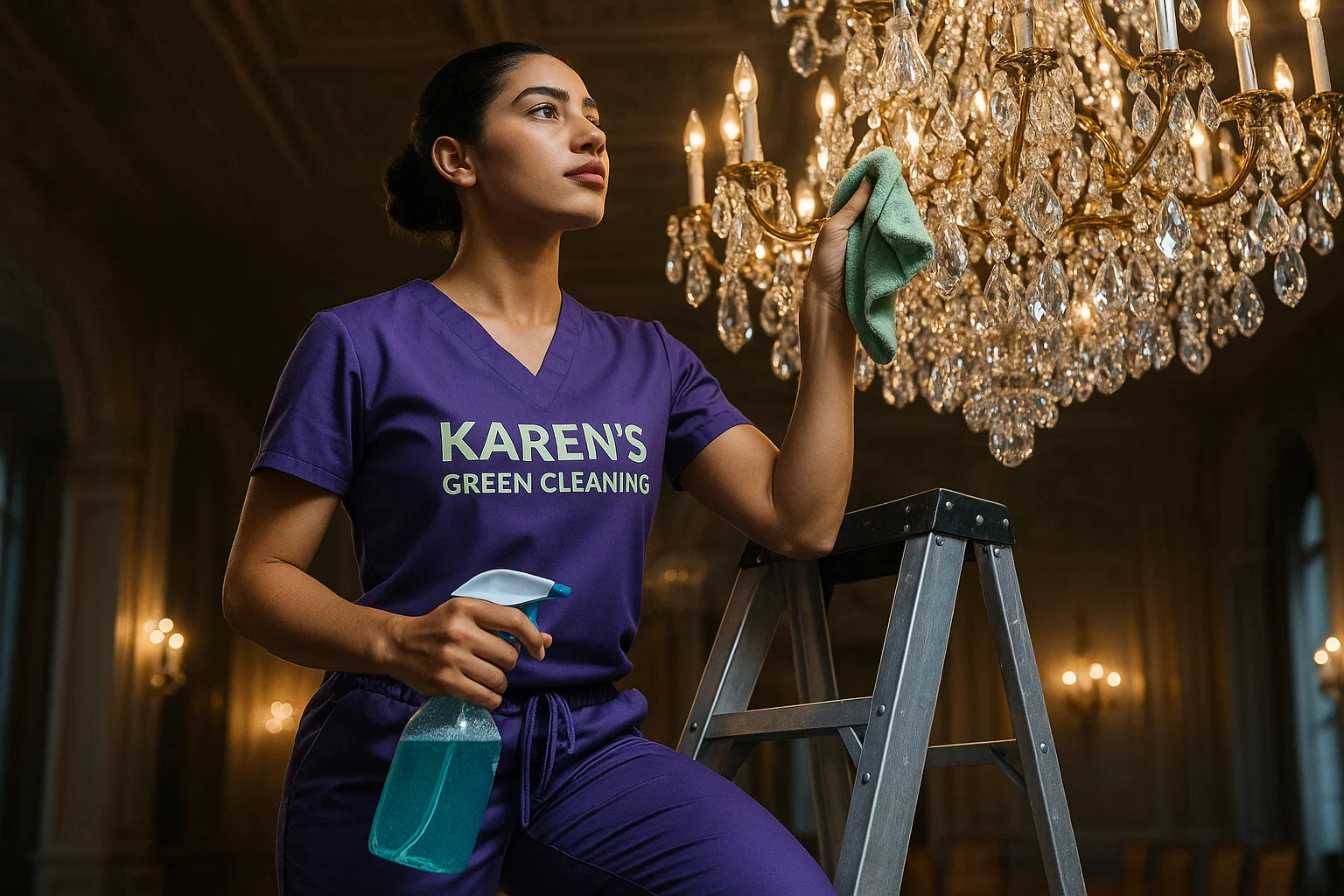 Middle Eastern maid in purple scrubs polishing a grand crystal chandelier in a luxury penthouse.