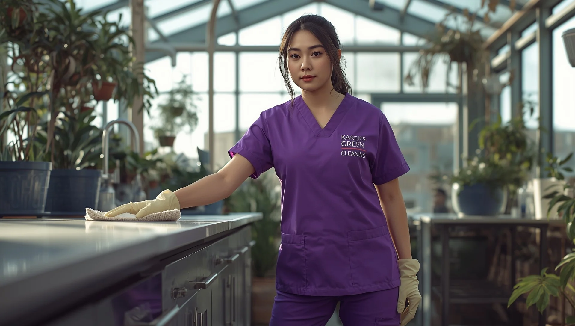 East Asian maid in purple Karen’s Green Cleaning uniform sanitizing a rooftop greenhouse kitchen with logo visible.