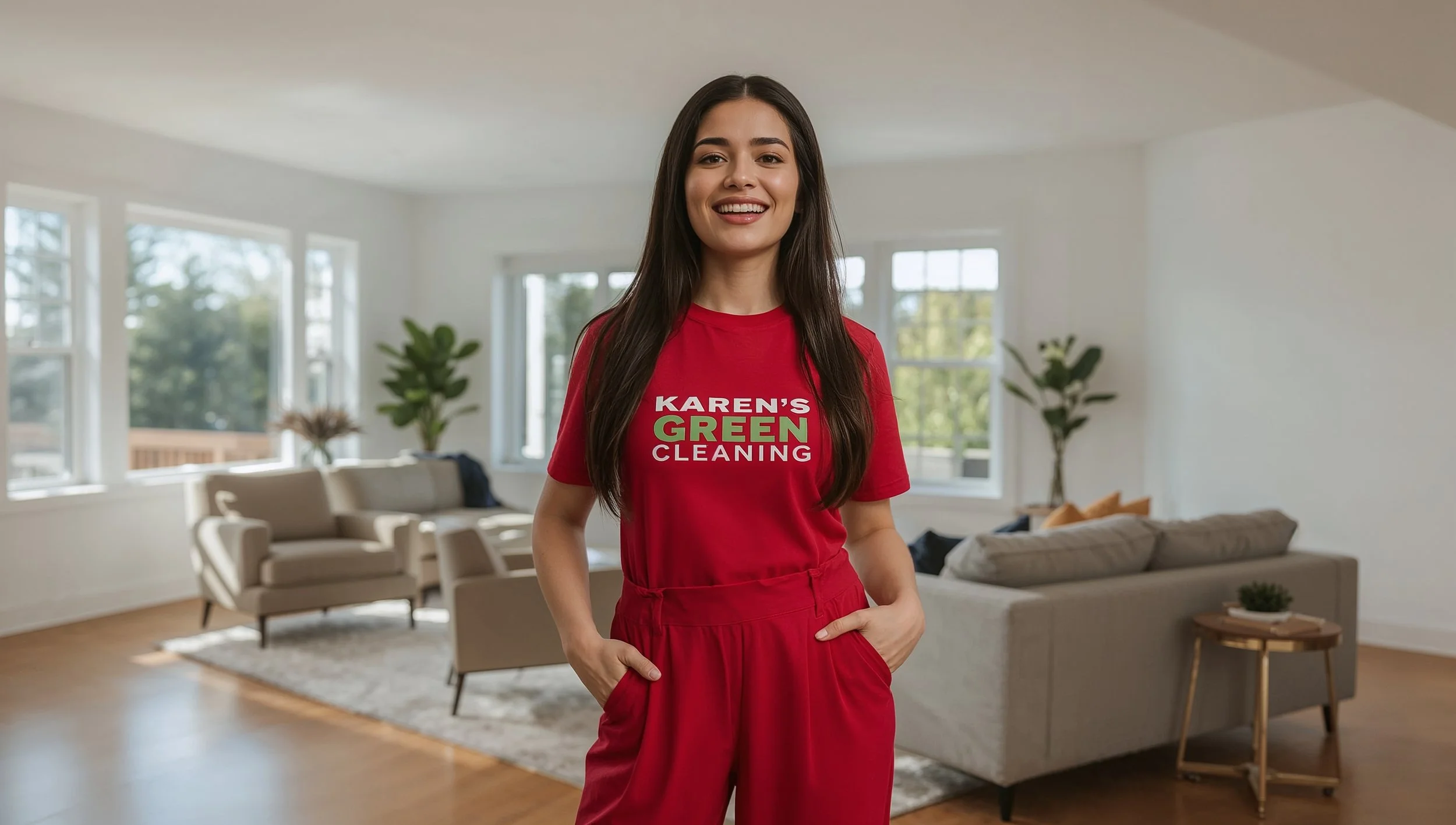 Colombian female cleaner wiping a balcony overlooking the Mississippi River in Highwood St. Paul wearing a red Karen’s Green Cleaning uniform.