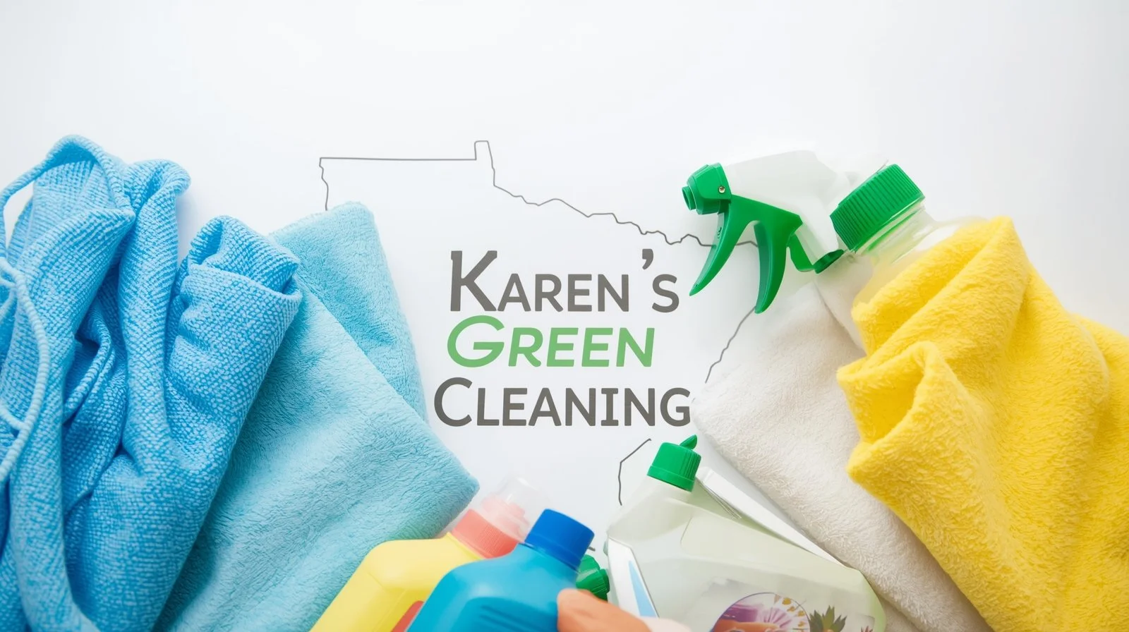 Eco-friendly cleaning supplies and tools branded with Karen’s Green Cleaning set against a subtle Delano Minnesota city map backdrop