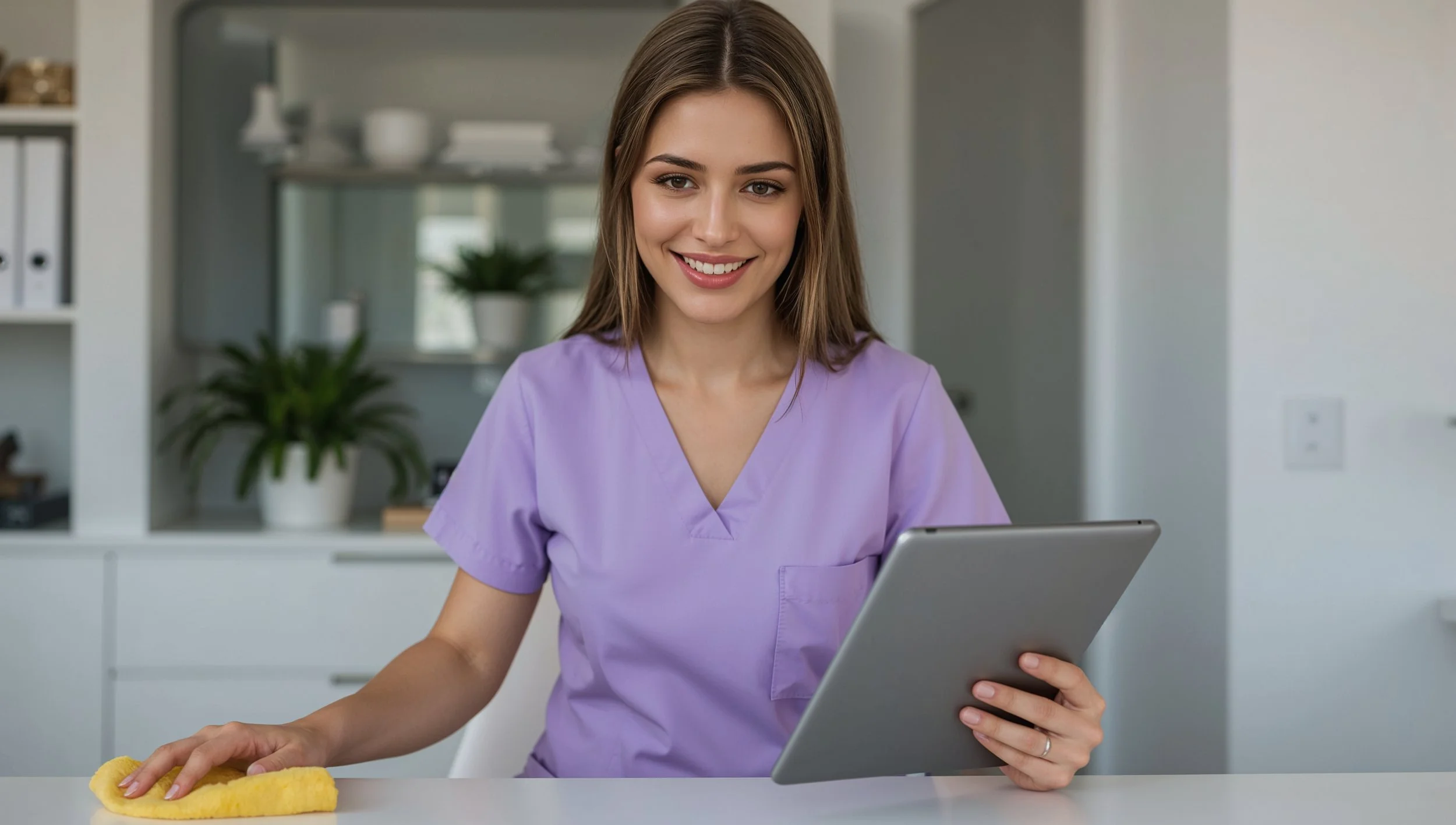 Cleaner using a digital printable house cleaning checklist in a home office.
