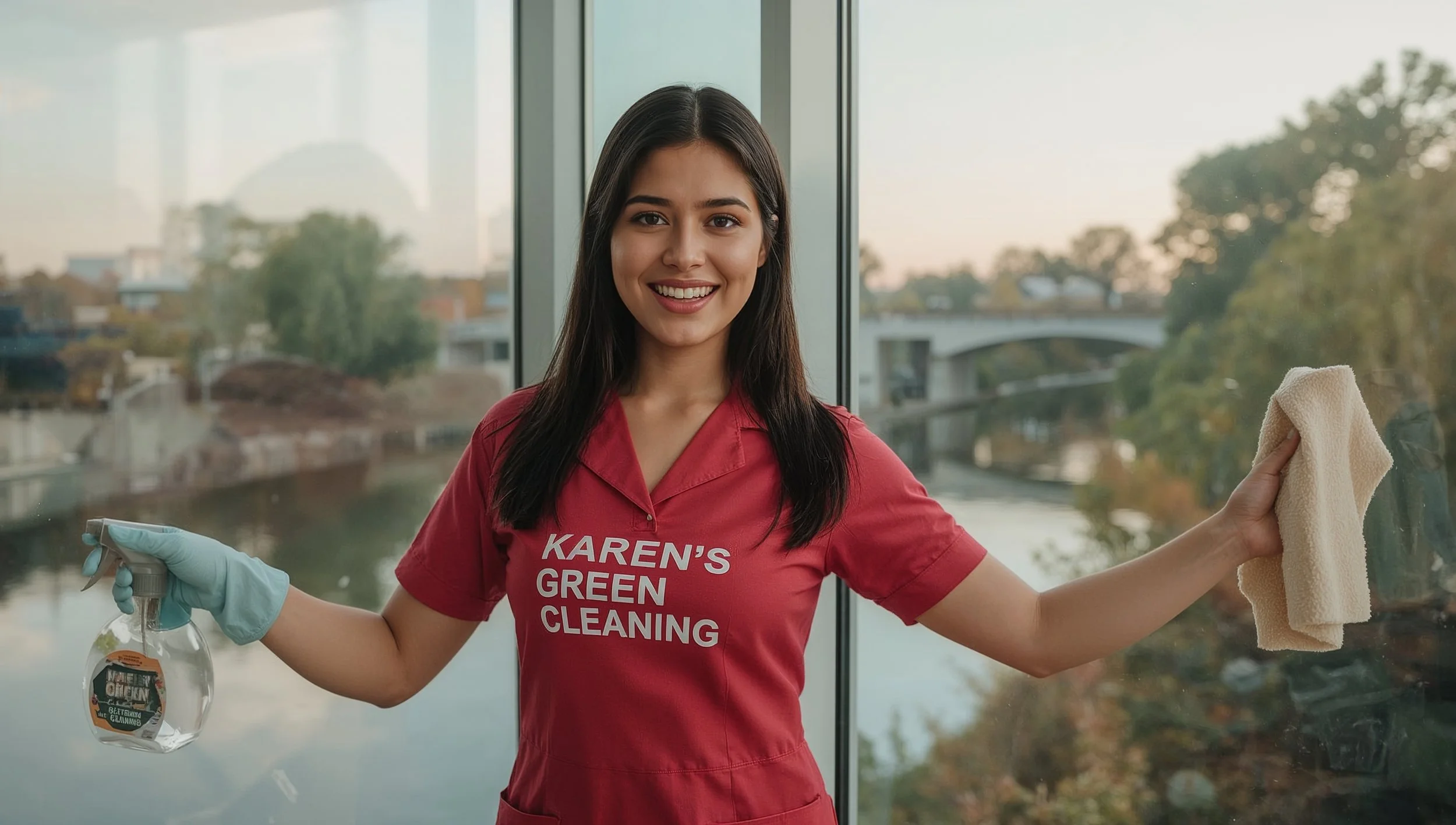 Young Latina female cleaner in Howe Minneapolis wiping window glass with Minnehaha Falls pedestrian bridge visible behind her.