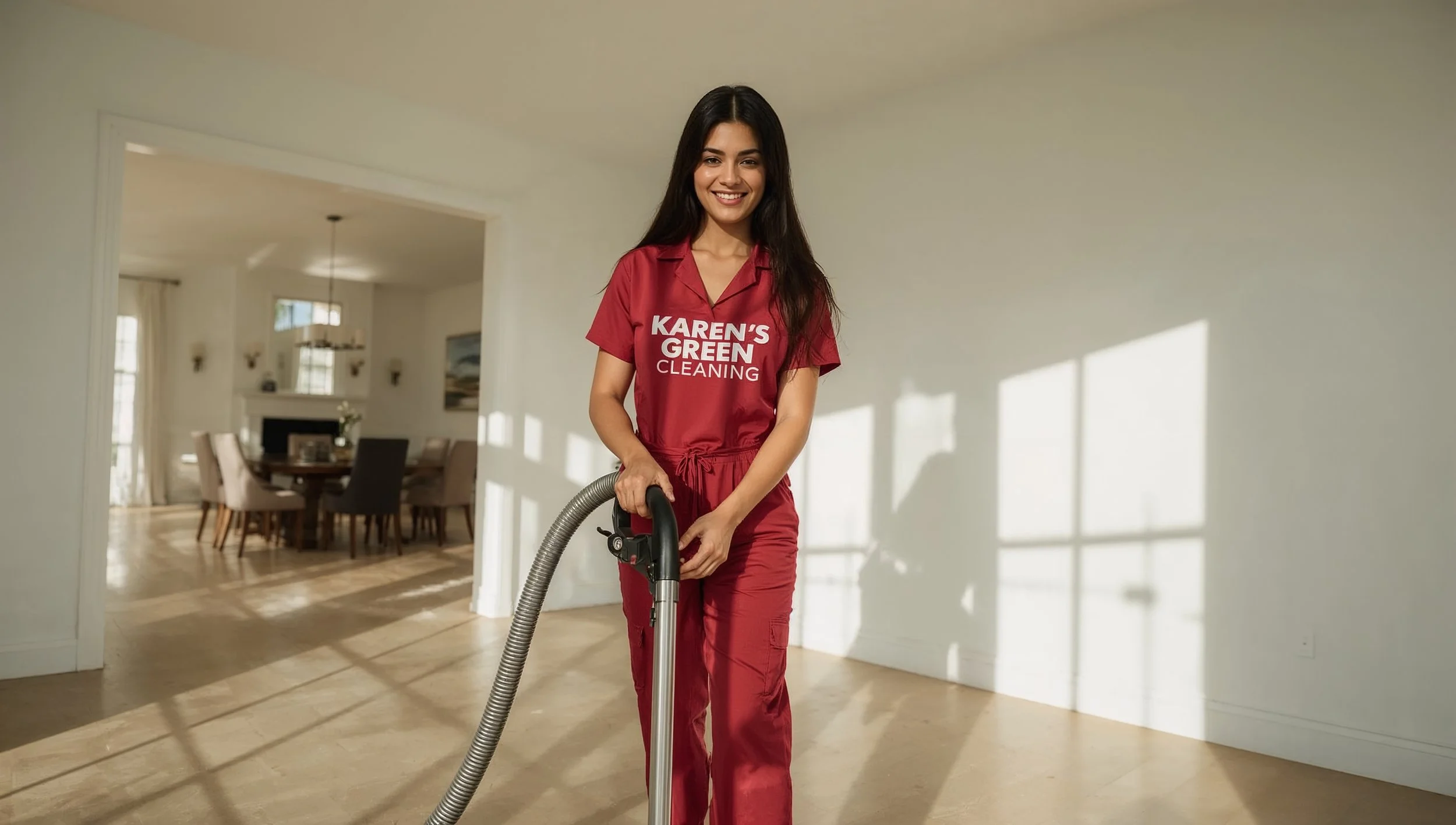 Peruvian cleaner vacuuming a Highwood home office wearing a red Karen’s Green Cleaning uniform.
