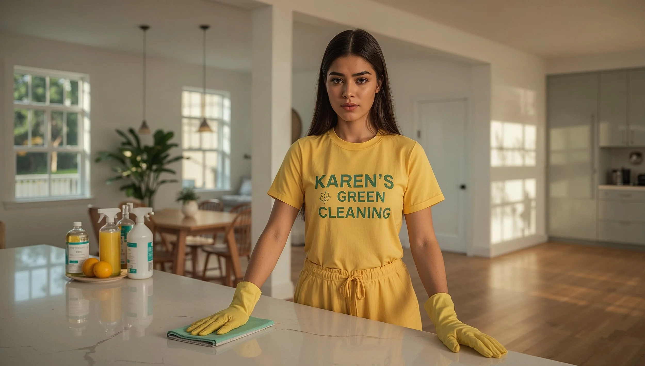 Colombian cleaner from Karen’s Green Cleaning disinfecting a kitchen inside a South St. Anthony Park home near Como Avenue