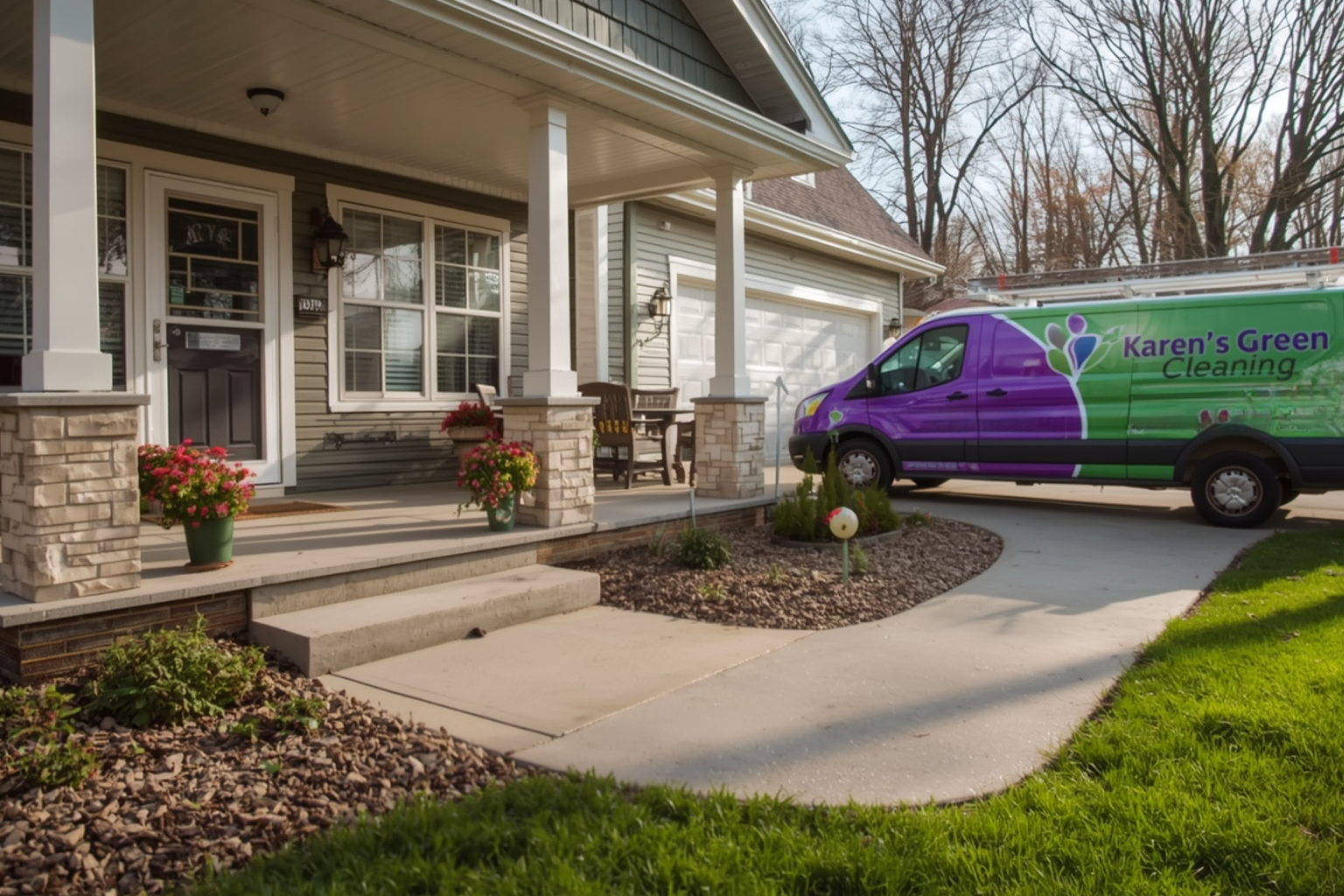 Karen's Green Cleaning Van parked outside the house