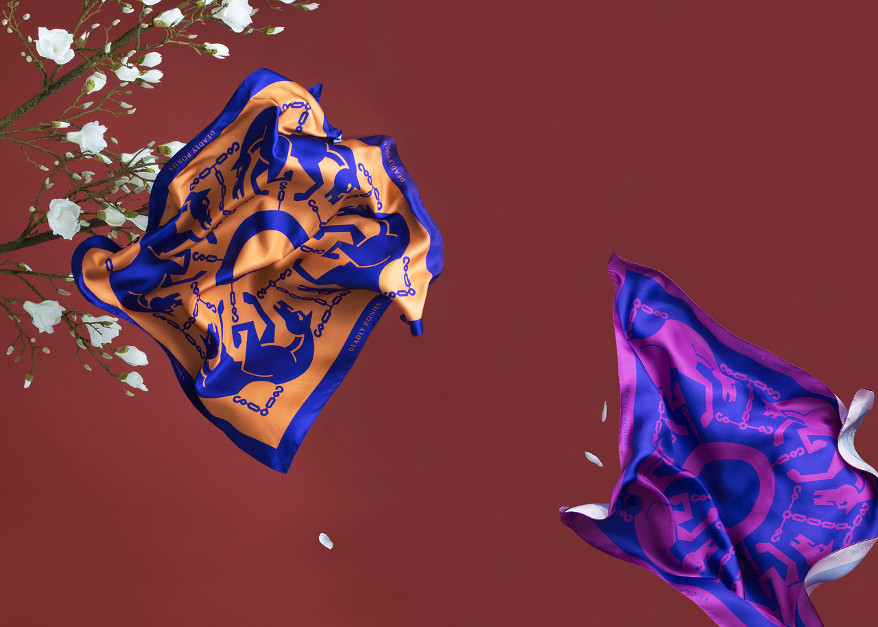 Deadly Ponies 'Mares of Diomedes' scarves in magenta and modena. Image supplied.