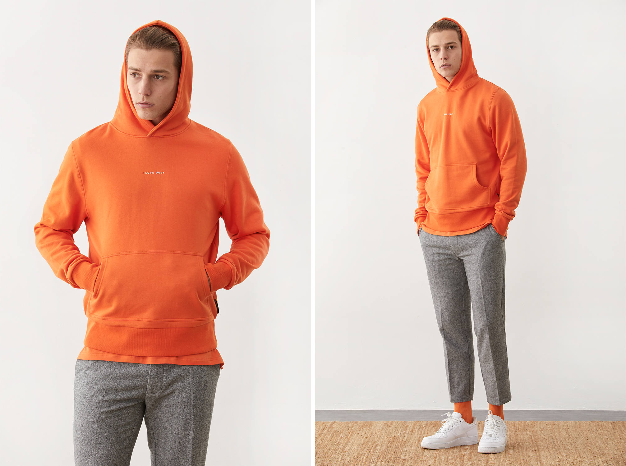 Harley hoodie in Nordic Orange worn with Slim Kobe Pant, image supplied