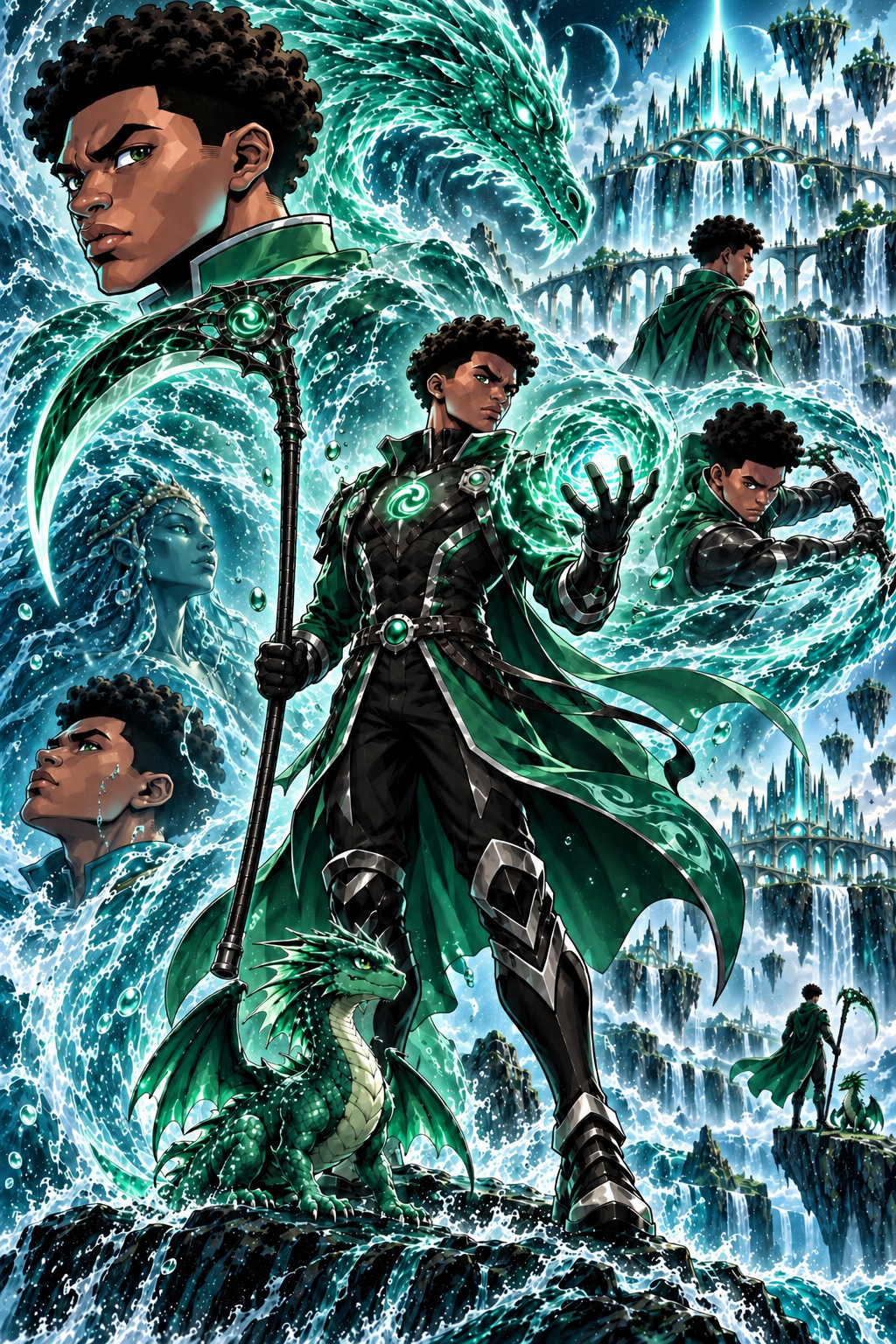 Cairo Amaan wielding emerald water magic and a scythe, with his dragon companion