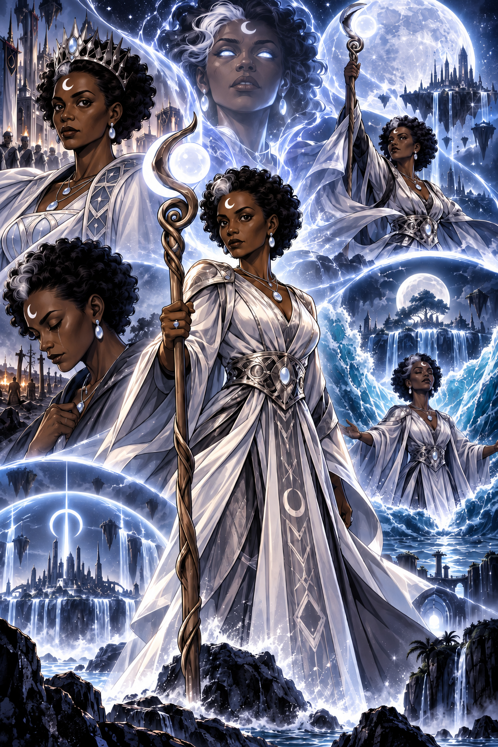 Queen Nebi Amaan in silver robes with a crescent staff, surrounded by moonlight and water