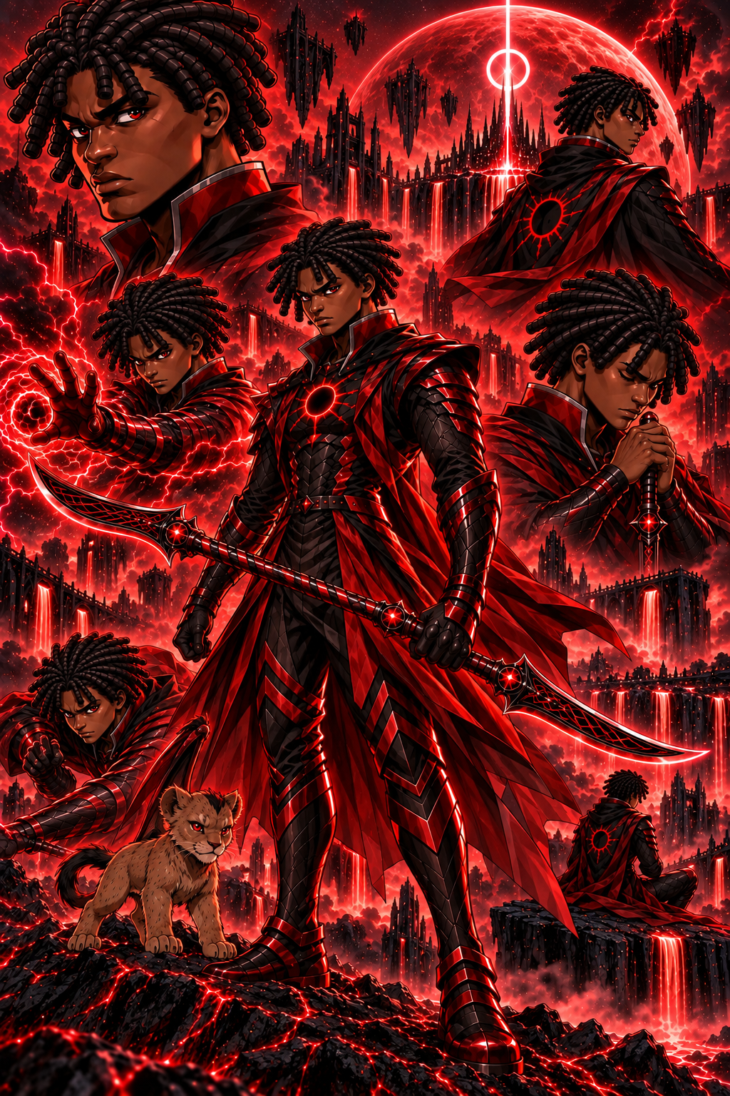 Kane Amaan in red armor, channeling the Red Sun, with his manticore companion
