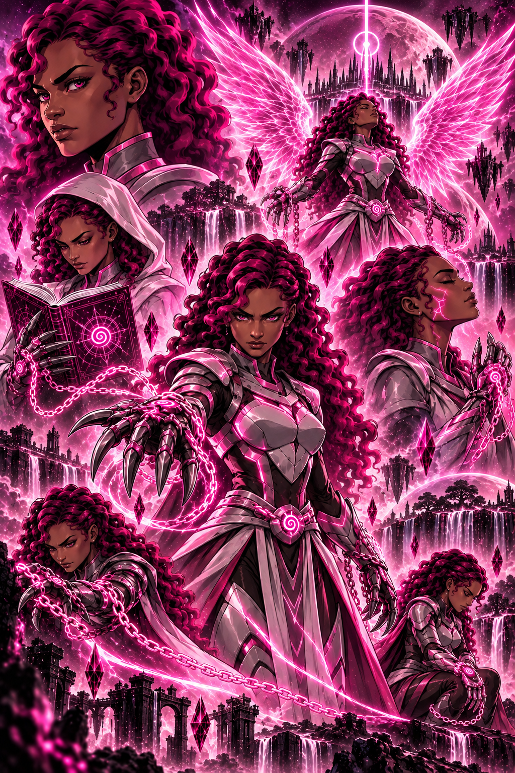 Serenity Tessay with pink magic, chained gauntlets, and the Book of Apophis