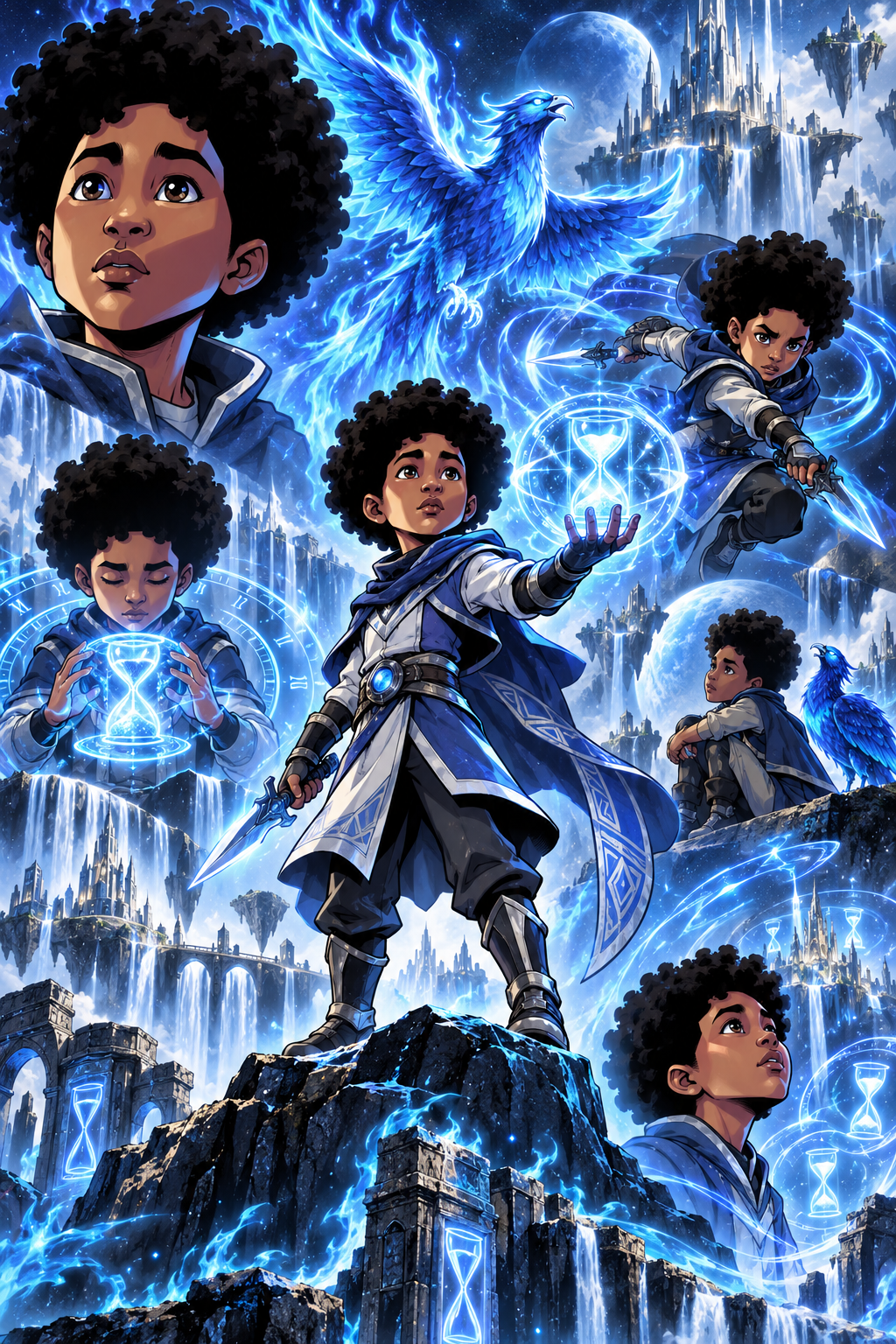 Ja’el Amaan wielding blue time magic with his Blue Phoenix companion