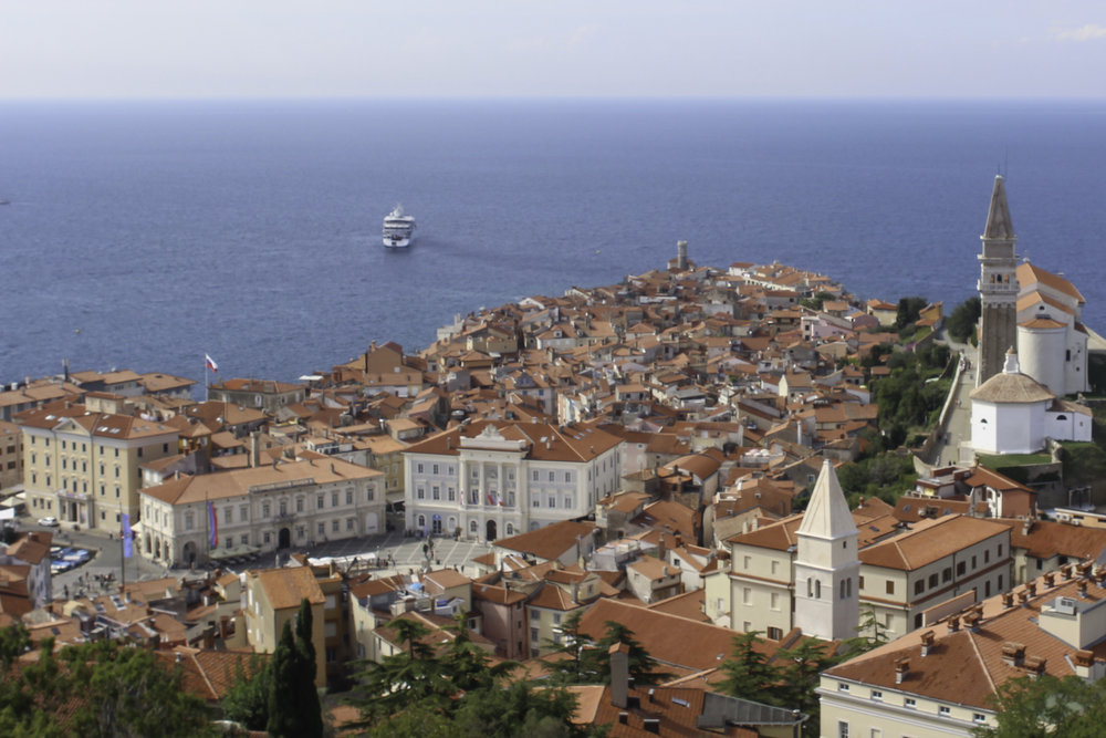 The view of Piran and the Adriatic from atop the old fort walls.