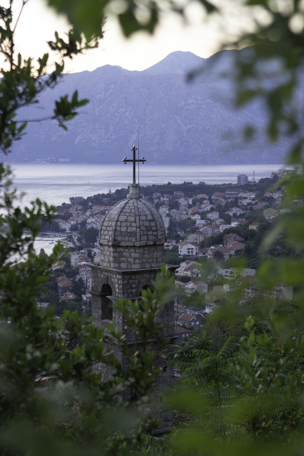 The spire of Church of Our Lady of Remedy, found on along Kotor’s fortifications en route to St. John Fortress.