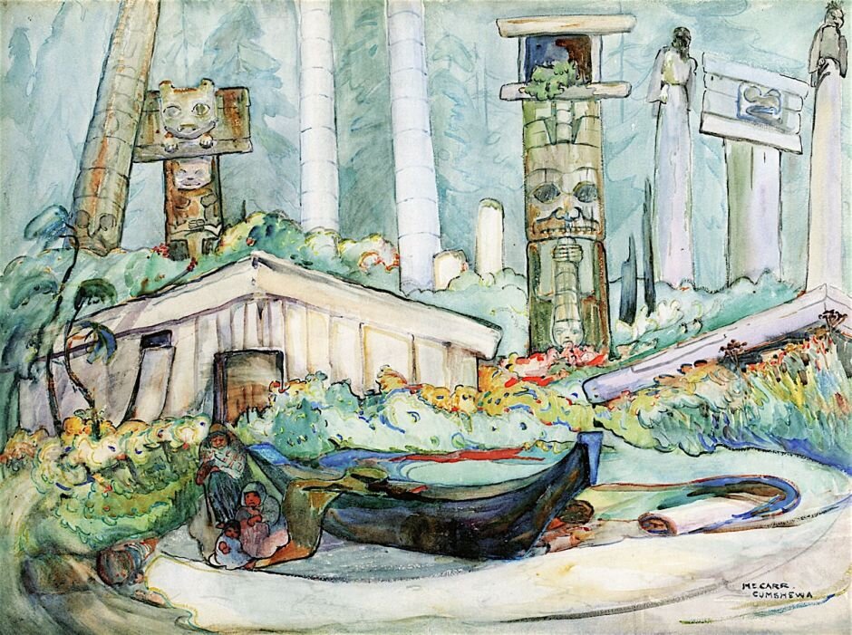 Emily Carr (1871–1945), Cumshewa (1912), watercolour with graphite and gouache on hardboard, 55.8 x 75.4 cm, Private collection. The Athenaeum.