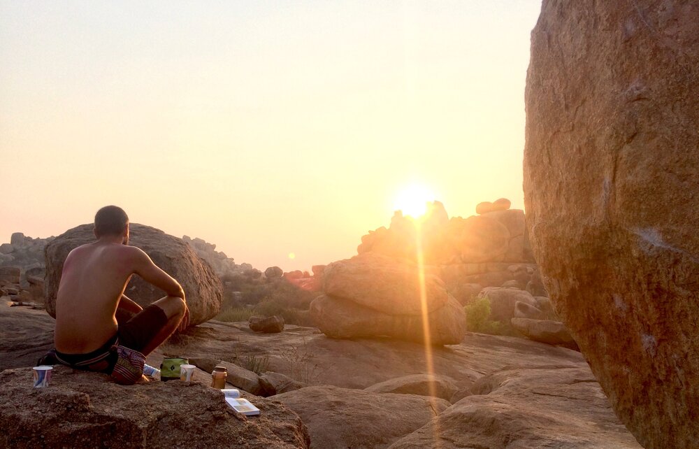 The sun setting over Hampi’s boulders after a hard and perfect day of climbing. (Photo: Trixie Pacis)