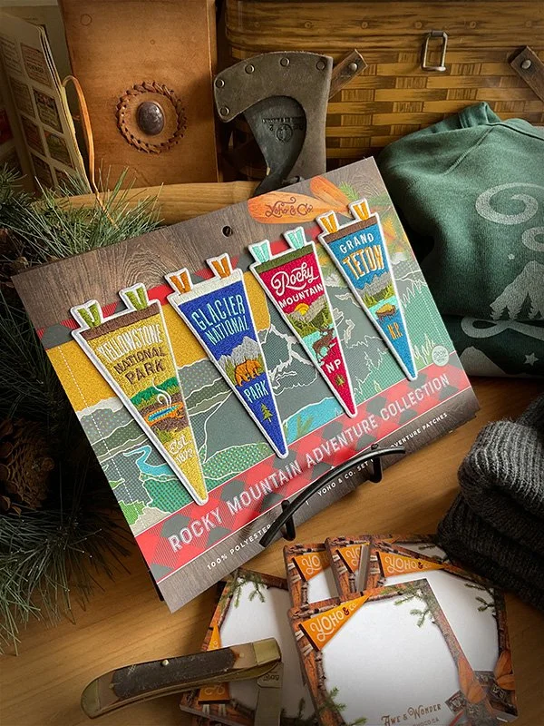 Yellowstone National Park, Glacier National Park, Rocky Mountain National Park and Grand Teton National Park Adventure Patches by Yoho & Co. Designer Pennants