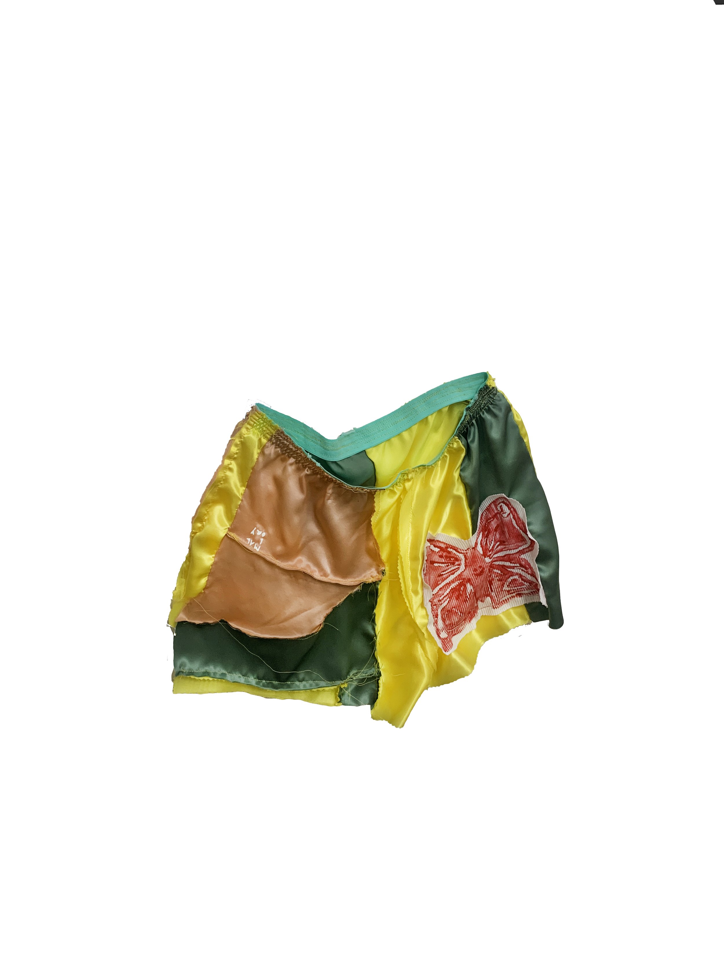 silk patchwork handmade and handprinted shorts. cheer shorts with hidden elastic waistband size small by New York Brooklyn designer mallory work @malloryworkwear