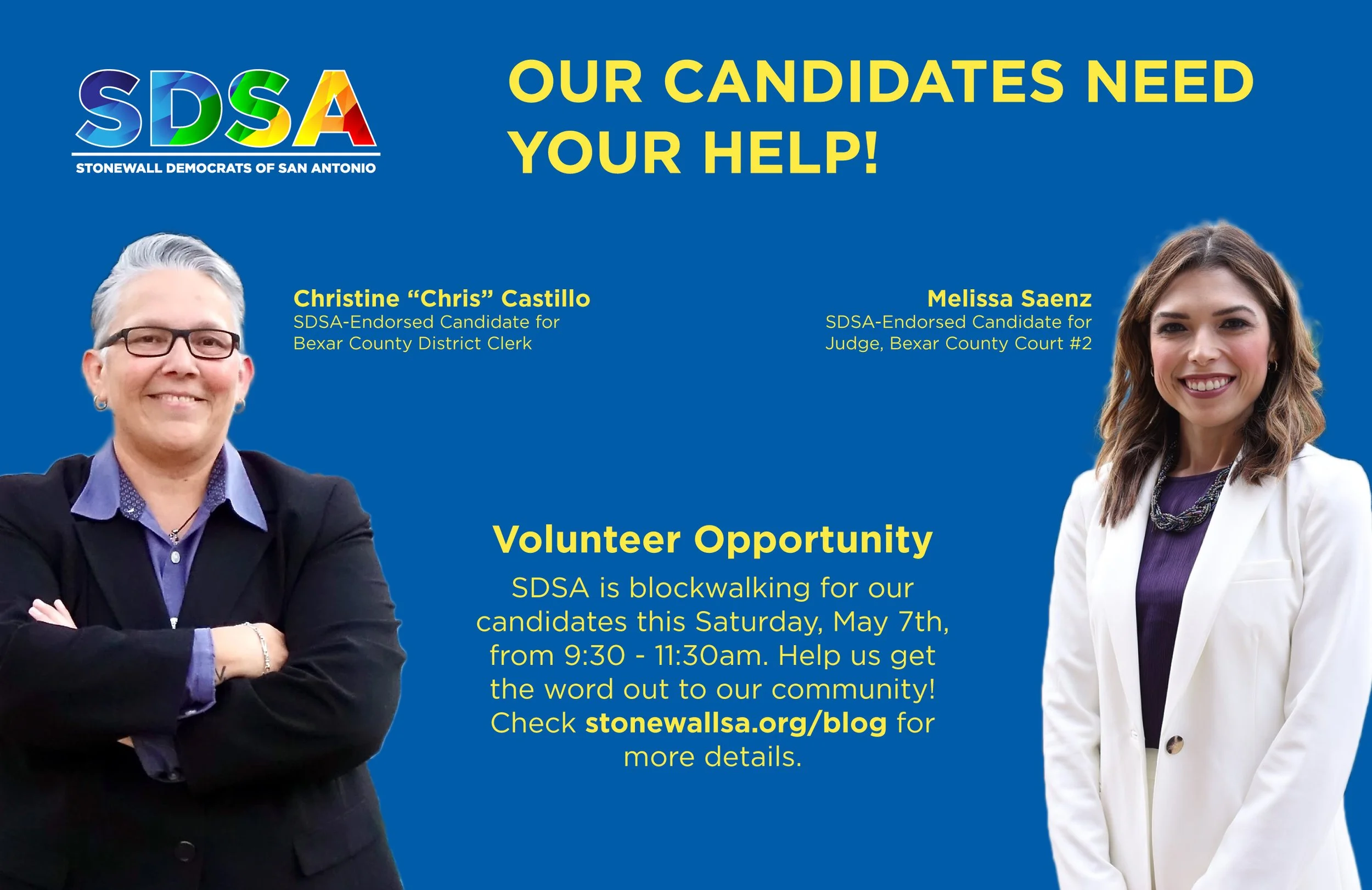 Volunteer Opportunity! Join us next Saturday, May 7th, to block walk for our endorsed candidates!