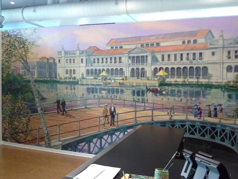 Walsh Group, 4th floor reception desk with Woman's Building Mural 1893 Columbian Exposition