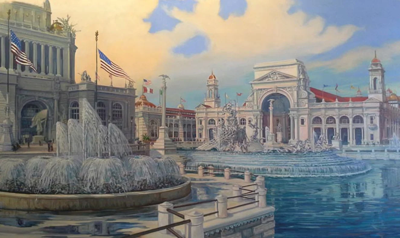 West end of the Grand Basin featuring Frederick William MacMonnies' Barge of State Fountain and the Electric Building beyond with Electric Fountains — Painting in Progress in Studio —