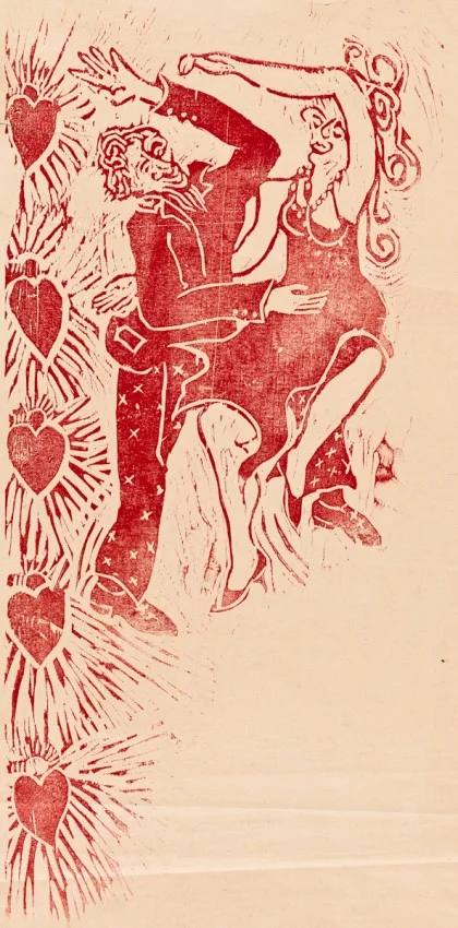 The beginning of the Valentine print tradition, printed as a poster to announce an upcoming Square Dance at the Vernonia, Oregon Grange. Also sent to friends by mail. Somehow Dan’s came back to us, fortuitously as it is the only copy we have.