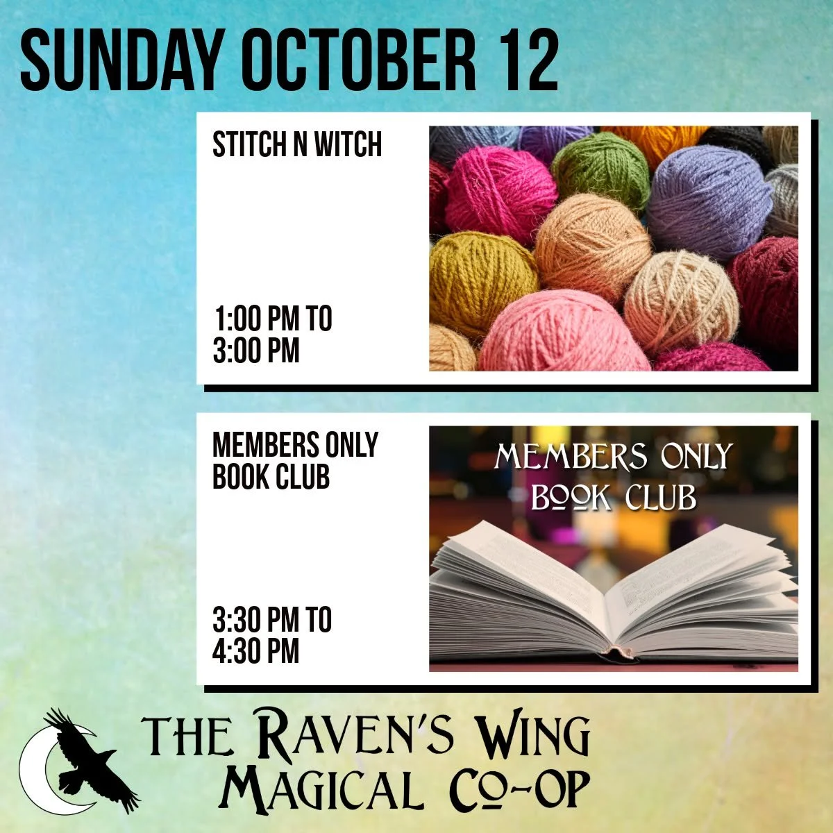 We have a full day in store for you here at The Raven's Wing Magical Co-Op! 

𝗦𝘁𝗶𝘁𝗰𝗵 𝗻 𝗪𝗶𝘁𝗰𝗵 𝘄𝗶𝘁𝗵 𝗧𝗲𝗺𝗽𝗲𝗿𝗮𝗻𝗰𝗲
𝗦𝘂𝗻𝗱𝗮𝘆, 𝗢𝗰𝘁𝗼𝗯𝗲𝗿 𝟭𝟮 𝗳𝗿𝗼𝗺 𝟭:𝟬𝟬𝗽𝗺 𝘁𝗼 𝟯:𝟬𝟬𝗽𝗺
Come and enjoy this social gathering to wor