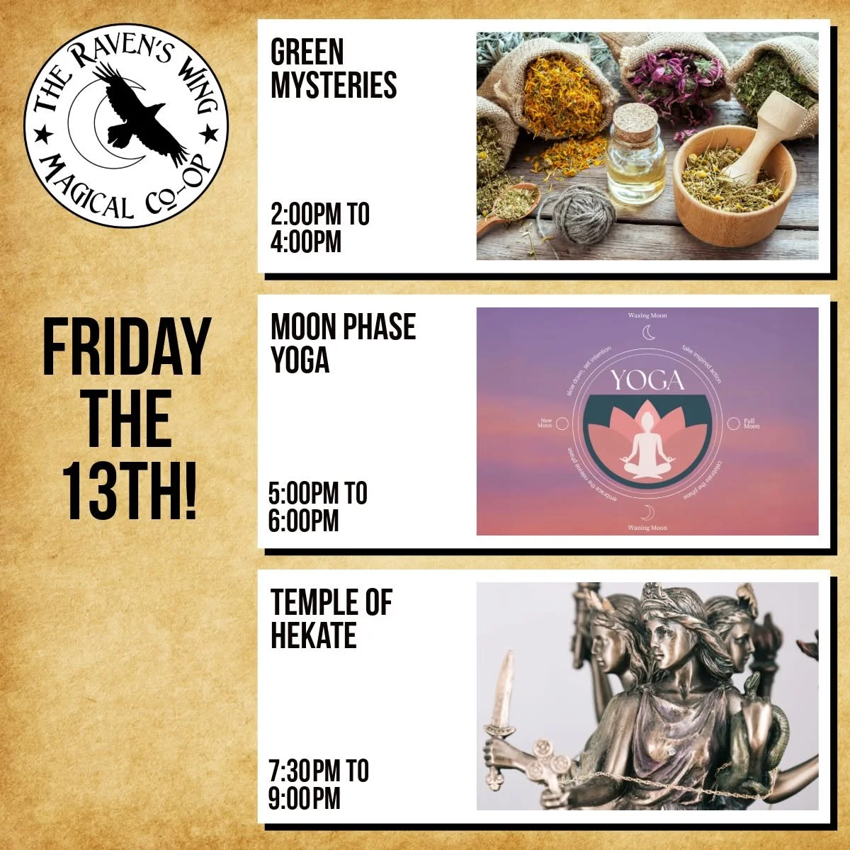 Tomorrow is Friday the 13Th! But no need to be scared - only good things and good magic here at The Raven's Wing Magical Co-Op! 

𝗚𝗿𝗲𝗲𝗻 𝗠𝘆𝘀𝘁𝗲𝗿𝗶𝗲𝘀
𝗙𝗿𝗶𝗱𝗮𝘆, 𝗙𝗲𝗯𝗿𝘂𝗮𝗿𝘆 𝟭𝟯 𝗳𝗿𝗼𝗺 𝟮:𝟬𝟬𝗽𝗺 𝘁𝗼 𝟰:𝟬𝟬𝗽𝗺

Whether you hav