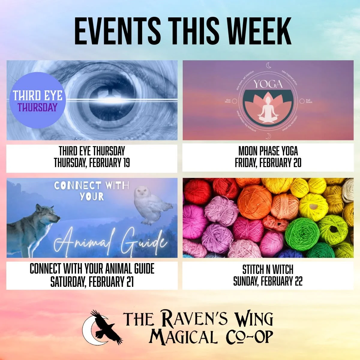 We have an exciting and magical week planned for you! 

𝗧𝗵𝗶𝗿𝗱 𝗘𝘆𝗲 𝗧𝗵𝘂𝗿𝘀𝗱𝗮𝘆
𝗧𝗵𝘂𝗿𝘀𝗱𝗮𝘆, 𝗙𝗲𝗯𝗿𝘂𝗮𝗿𝘆 𝟭𝟵 𝗳𝗿𝗼𝗺 𝟲:𝟯𝟬𝗽𝗺 𝘁𝗼 𝟴:𝟬𝟬𝗽𝗺

Unlock and nurture your psychic abilities with our ongoing Psychic Gifts Develop