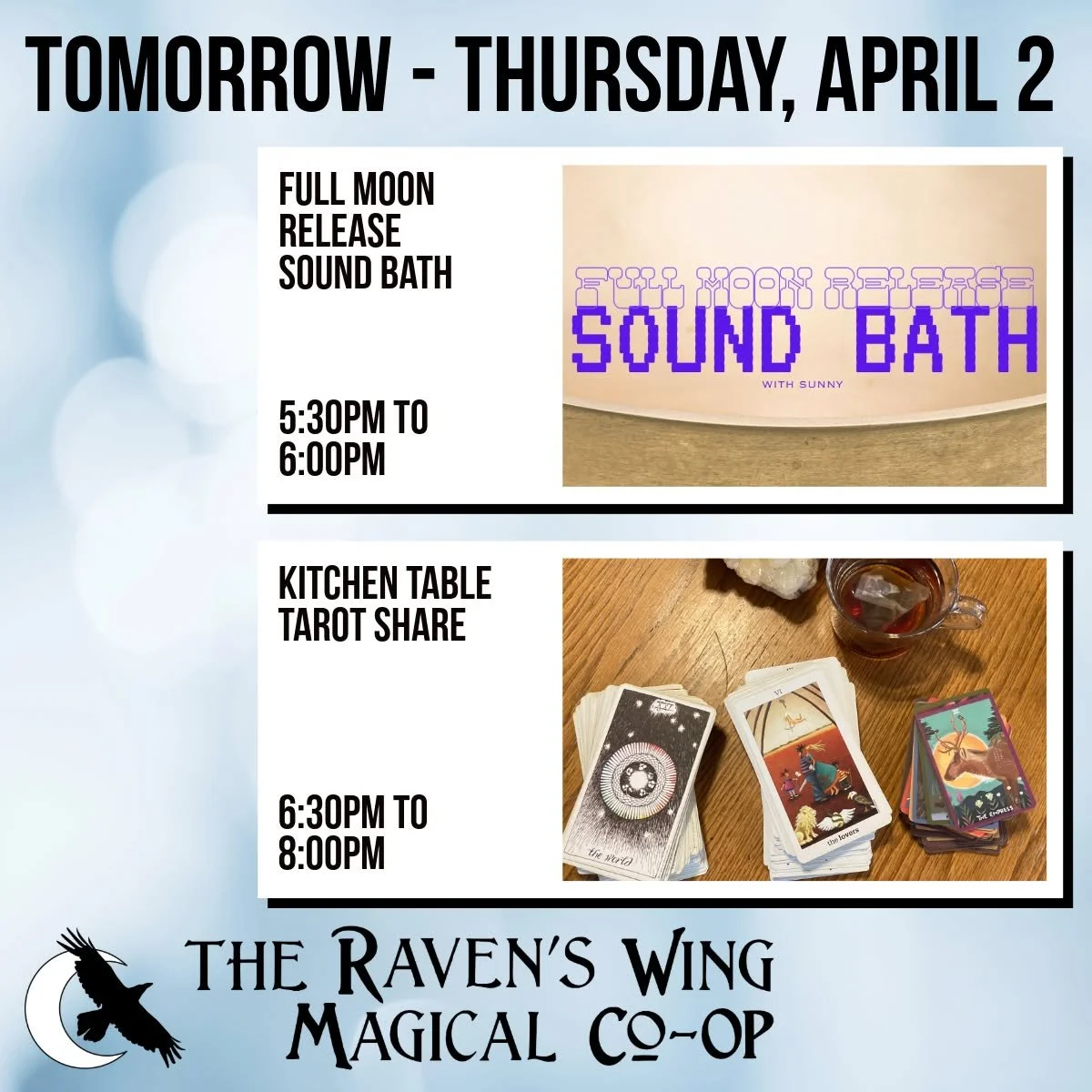 We have two magical events lined up for you tomorrow! 

𝗙𝘂𝗹𝗹 𝗠𝗼𝗼𝗻 𝗥𝗲𝗹𝗲𝗮𝘀𝗲 𝗦𝗼𝘂𝗻𝗱 𝗕𝗮𝘁𝗵 𝘄𝗶𝘁𝗵 𝗟𝗼𝘄𝗲𝗻 + 𝗦𝘂𝗻𝗻𝘆
𝗧𝗵𝘂𝗿𝘀𝗱𝗮𝘆, 𝗔𝗽𝗿𝗶𝗹 𝟮𝗻𝗱 𝗳𝗿𝗼𝗺 𝟱:𝟯𝟬𝗽𝗺 𝘁𝗼 𝟲:𝟬𝟬𝗽𝗺
𝗦𝗹𝗶𝗱𝗶𝗻𝗴 𝗦𝗰𝗮𝗹𝗲 $𝟰-$𝟰?